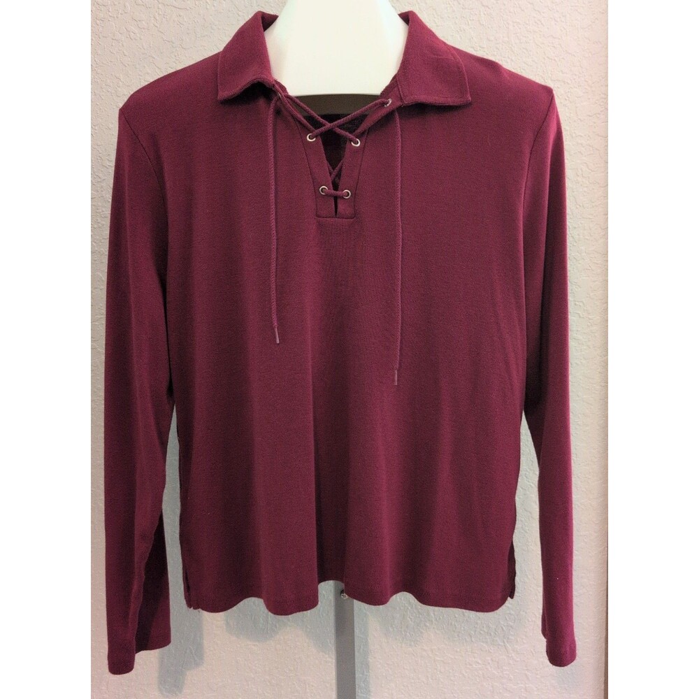 Vintage Jason Maxwell Womens Wine Lace Up Polo Long Sleeve Shirt Top XL